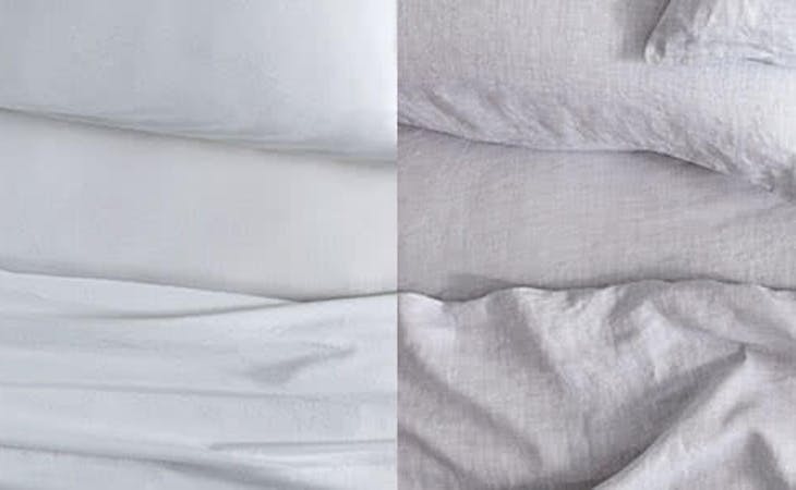 cotton and linen sheets next to each other
