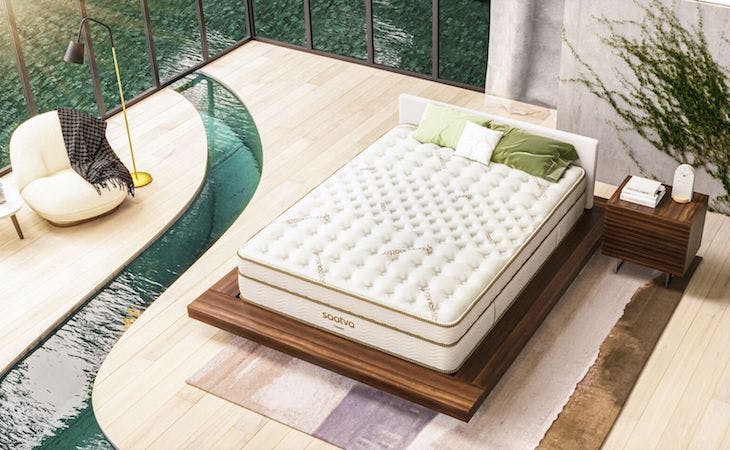 bedroom featuring a saatva mattress designed in japandi style