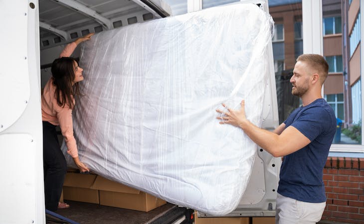 people storing a mattress in a van