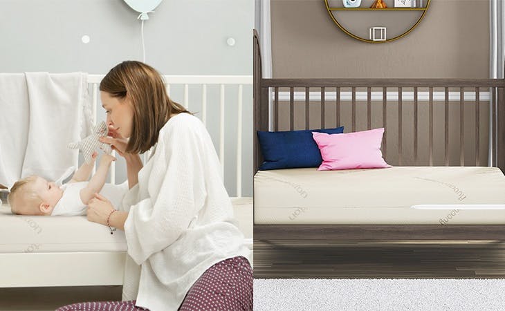 parent with baby in a crib next to saatva crib mattress