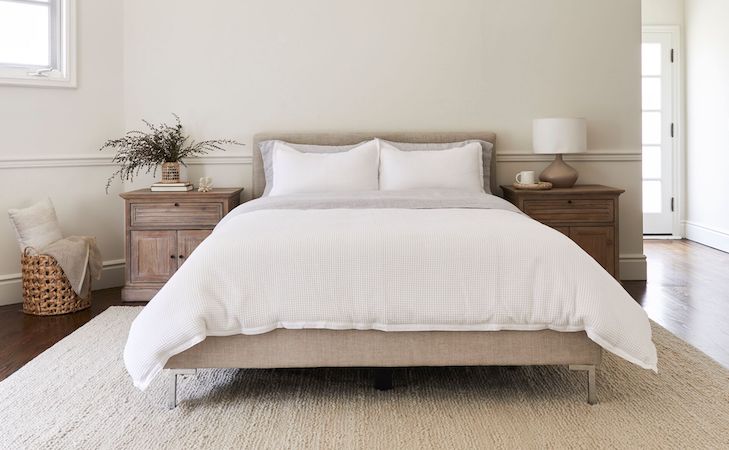 bedroom furnished with saatva bedding