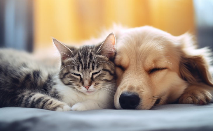 cat and dog peacefully sleeping next to each other
