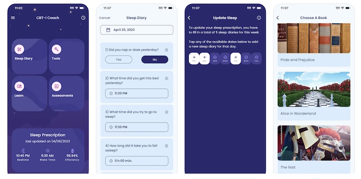 screenshots from cbt-i coach sleep diary app