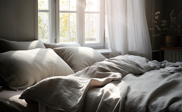 bedroom with white curtains open on window