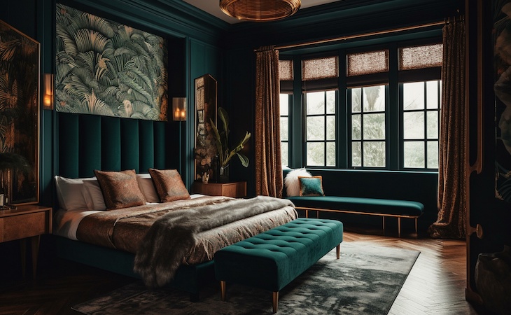 bedroom decorated in the maximalist interior design aesthetic with green velvet bed frame and bench