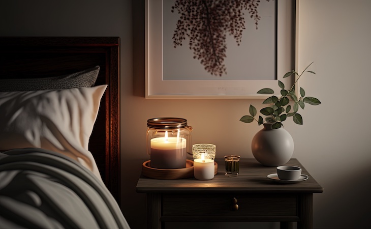 nightstand next to bed with candles and plant on top of it