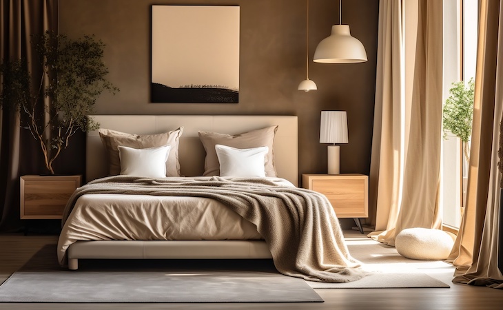 bedroom decorated in a brown color palette