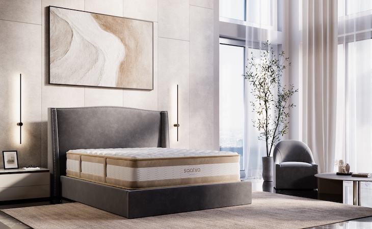 Elegant bedroom with a luxurious saatva rx mattress.