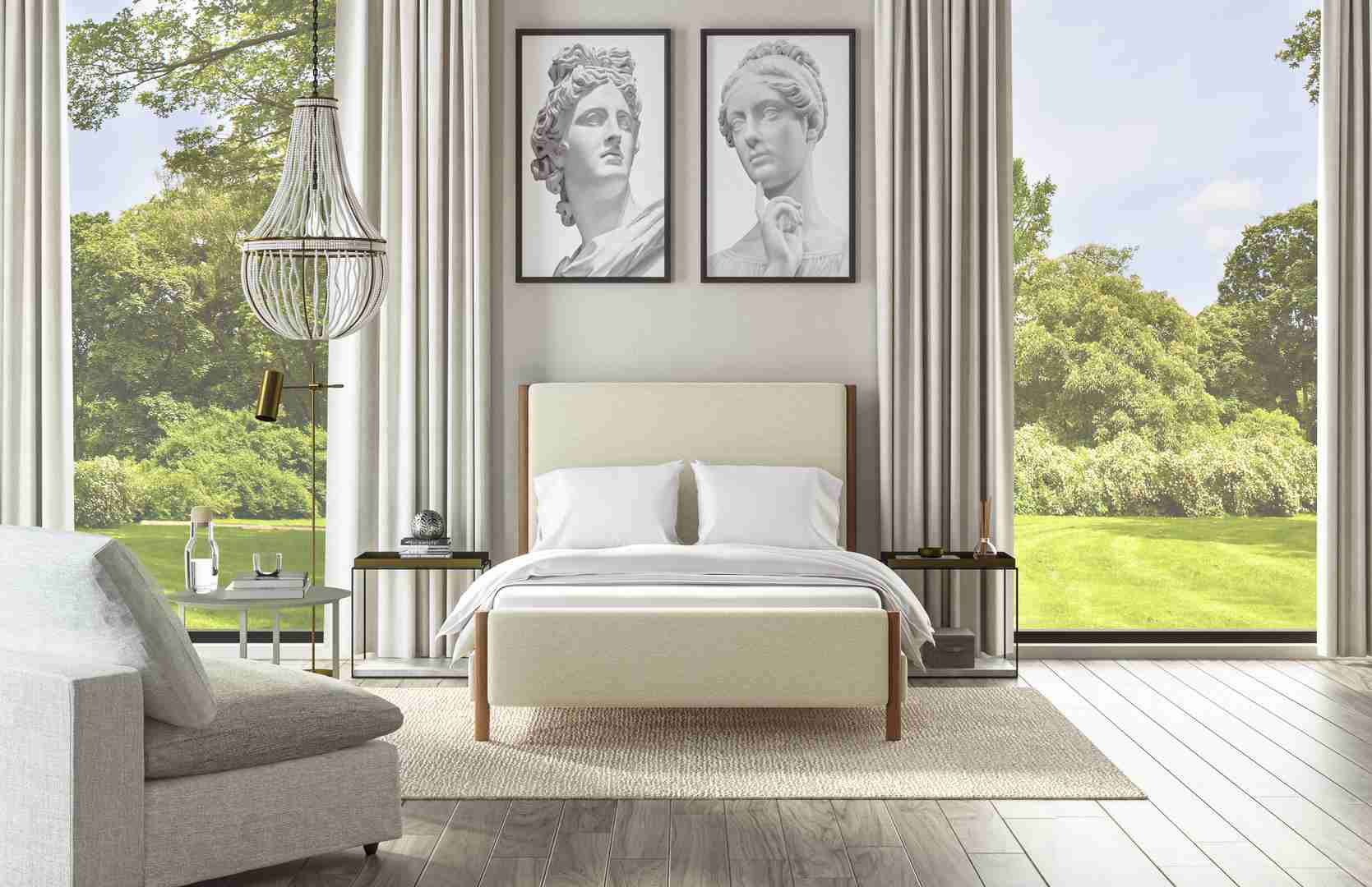 Saatva Milan Bedframe in Natural Linen on a Saatva's Navi Rug in a luxury bedroom.