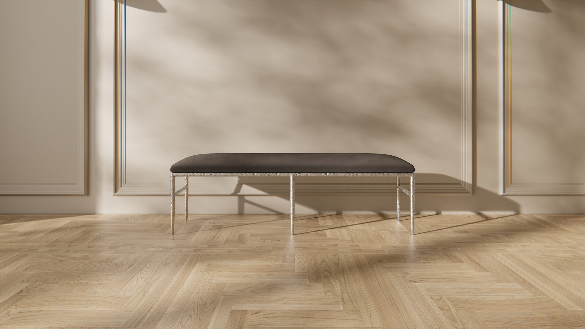 Scene REGIS BENCH View FABRIC Graphite Vintage Velvet FRAME Silver