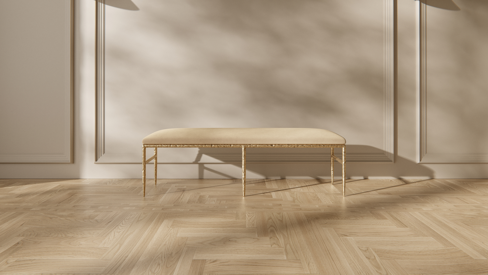 Scene REGIS BENCH View FABRIC Terra Vintage Velvet FRAME Brass